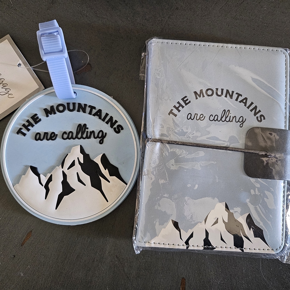 Blue and White Mountain-Themed Luggage Tag and Passport Holder Set